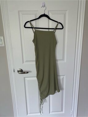 Olive Green Ribbed Spaghetti-Strap Dress